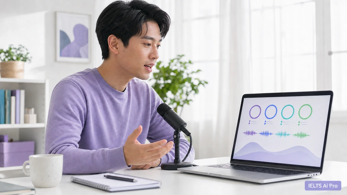 IELTS learner recording a speaking answer while reviewing four AI feedback indicators