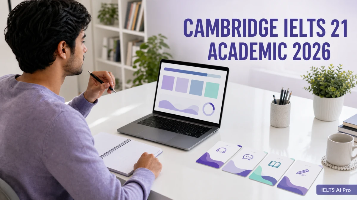 Cambridge IELTS 21 Academic 2026 title above a learner planning four practice sets