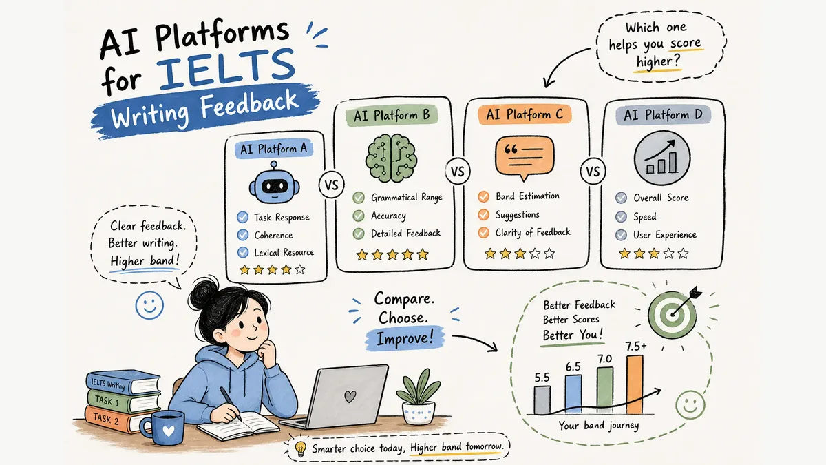 IELTS learner comparing AI writing feedback platforms, criterion scores, and band progress