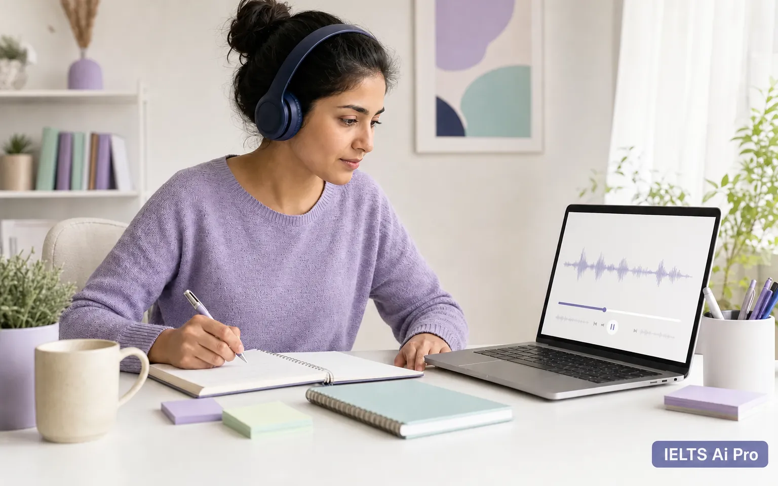 Listening practice guide: learner studying with a laptop and notebook