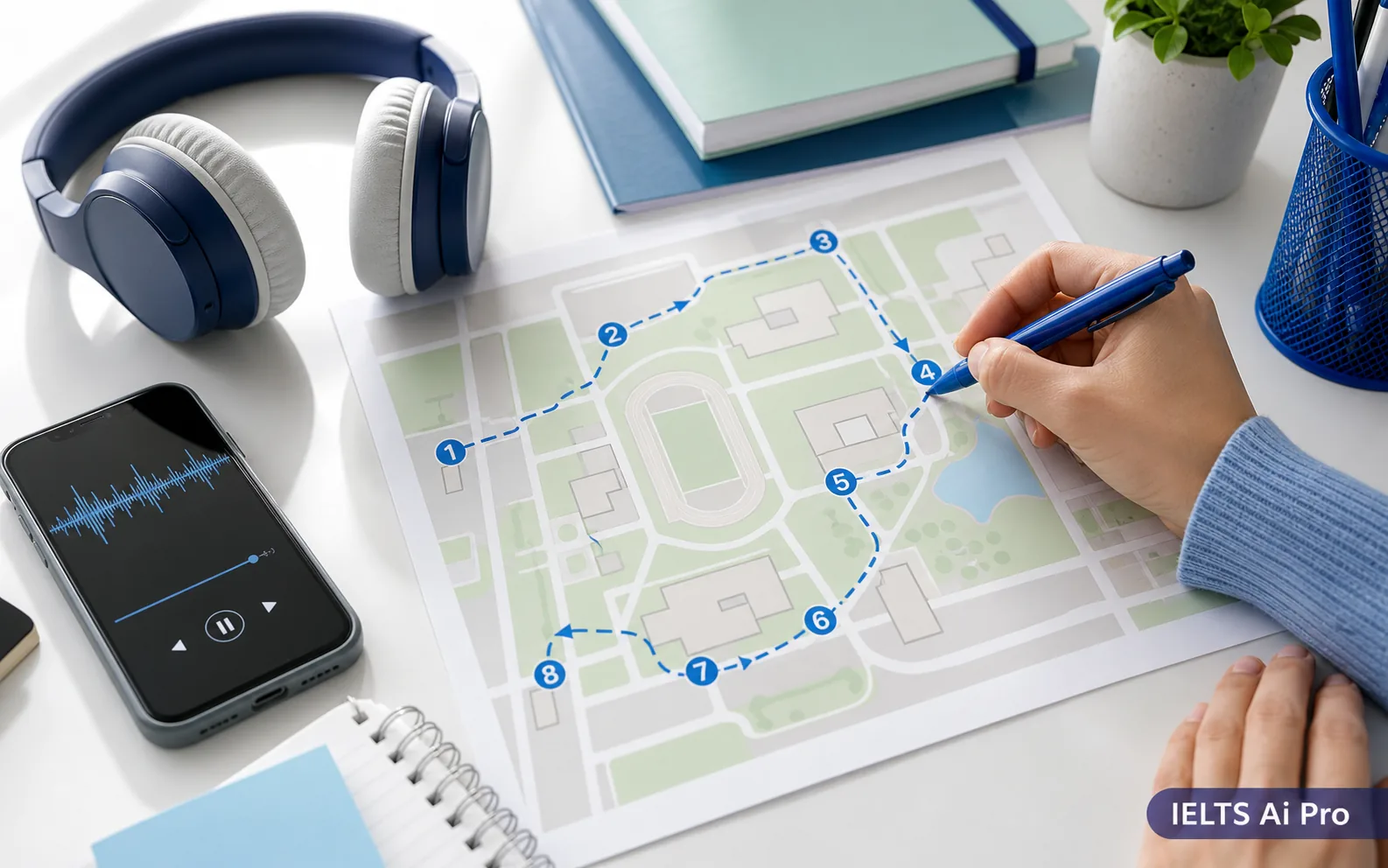 Listening practice guide: learner studying with a laptop and notebook