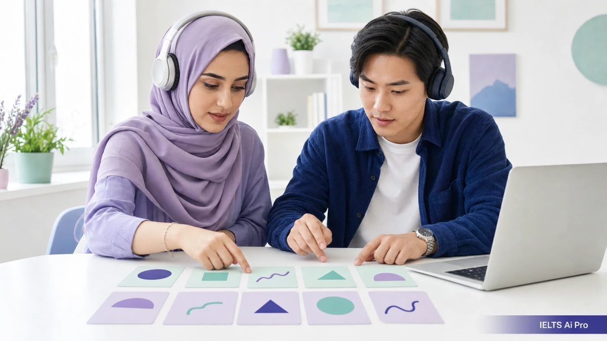 Two adult IELTS learners matching visual options while listening with headphones