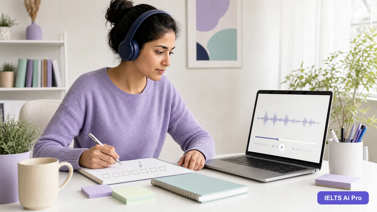 IELTS learner using headphones and a skipped-question sequence to practise listening recovery