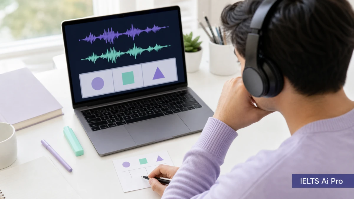 IELTS learner tracking two speakers and multiple-choice decisions with headphones
