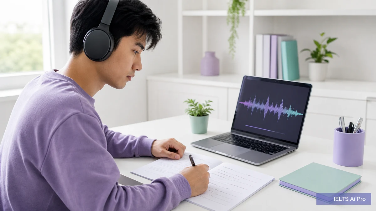 IELTS learner using headphones to complete lecture notes beside an audio waveform