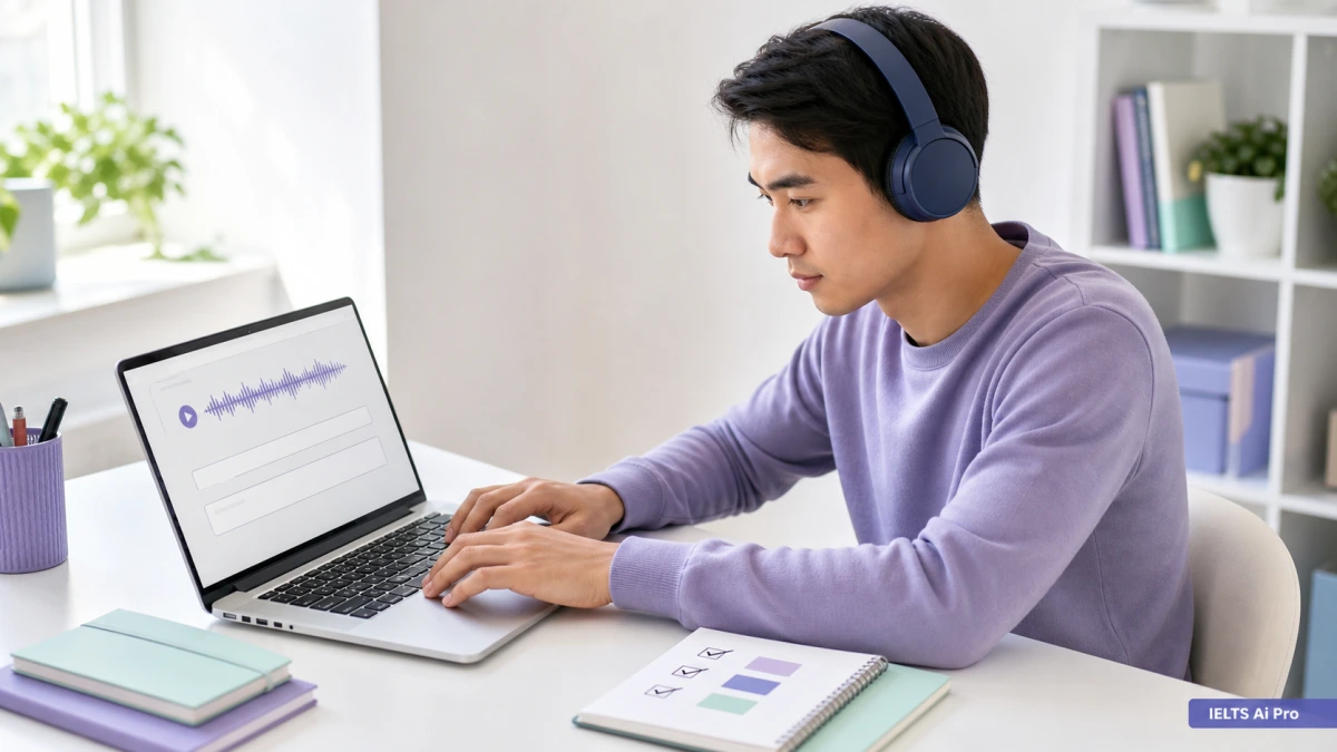 IELTS learner typing a Listening answer while using headphones and an accuracy checklist