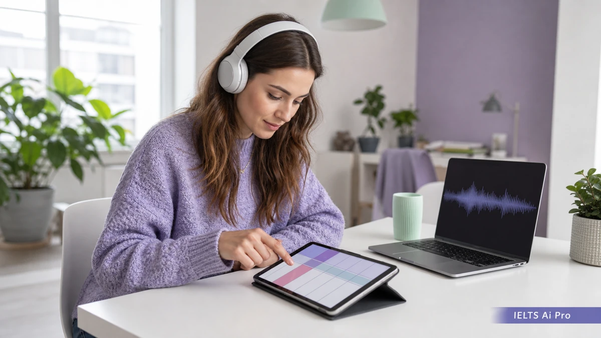 Adult IELTS learner tracking rows and columns in a Listening table with headphones