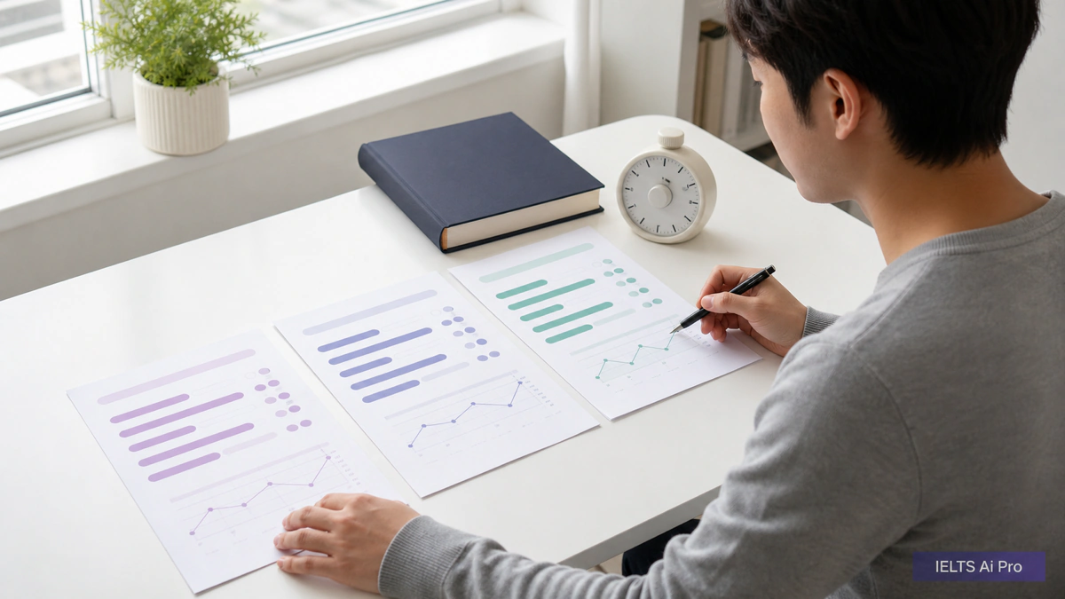IELTS learner comparing three mock-test result sheets with a timer on a bright desk