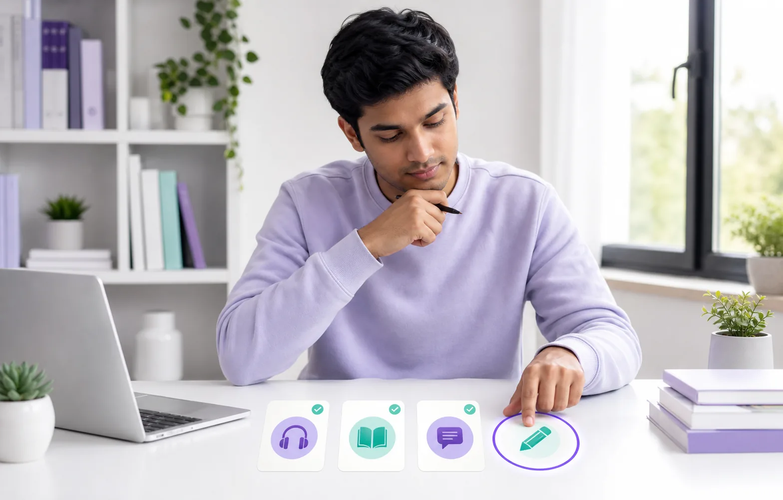 Exam Updates practice guide: learner studying with a laptop and notebook