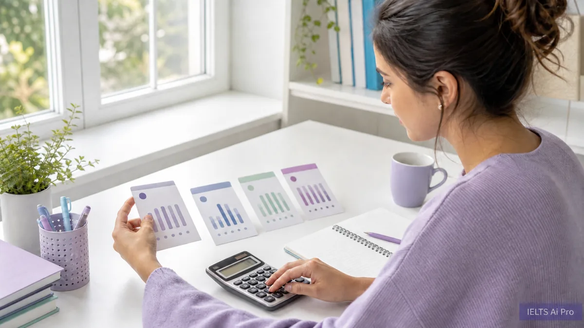 IELTS learner comparing four skill score cards with a calculator on a bright study desk