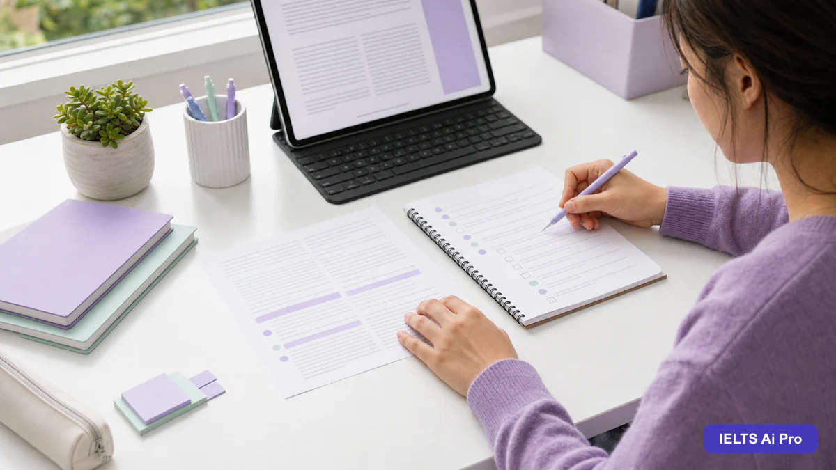 IELTS learner comparing a reading passage with a colour-coded error log on a bright desk