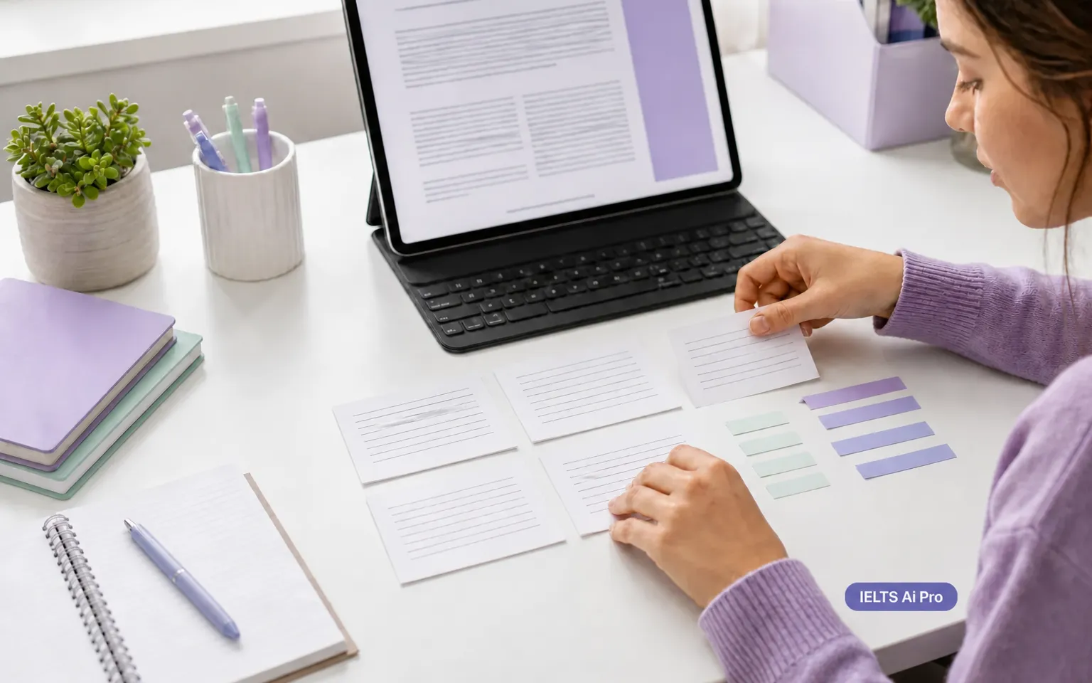 Reading practice guide: learner studying with a laptop and notebook