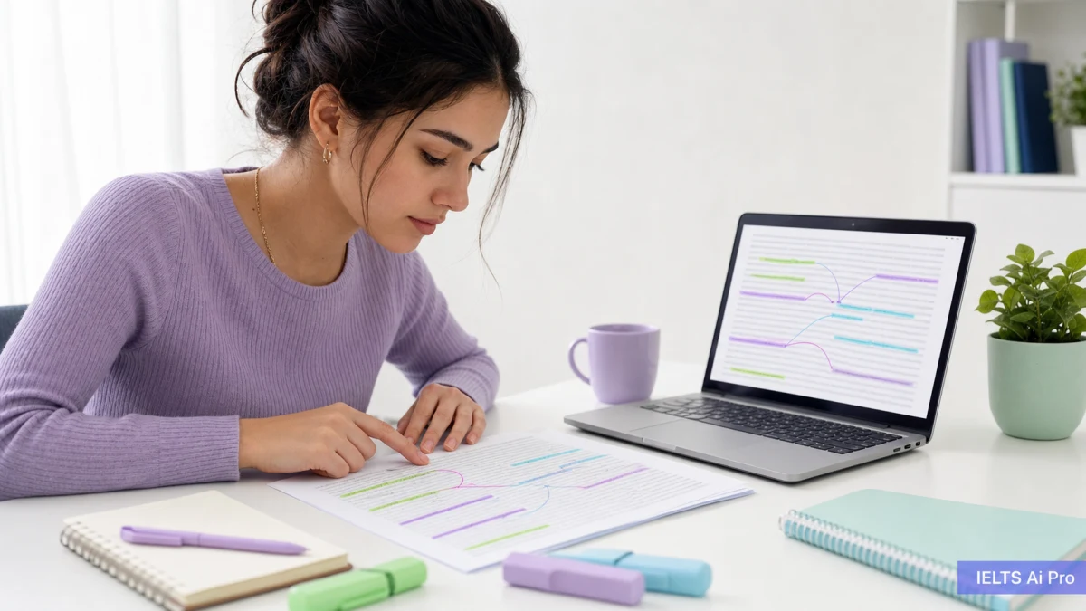 IELTS learner matching highlighted paraphrases between a reading passage and a laptop