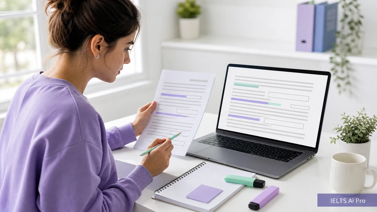IELTS learner comparing a highlighted reading passage with sentence-completion gaps on a laptop
