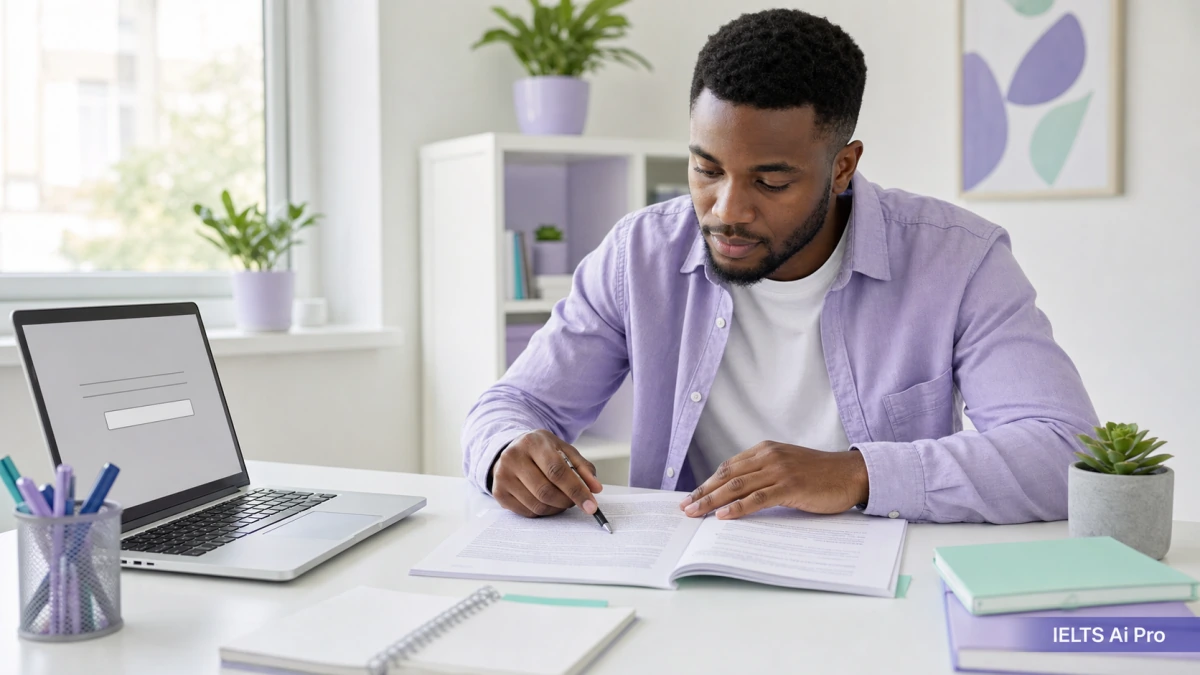 Adult IELTS learner locating a short answer in a reading passage beside his laptop