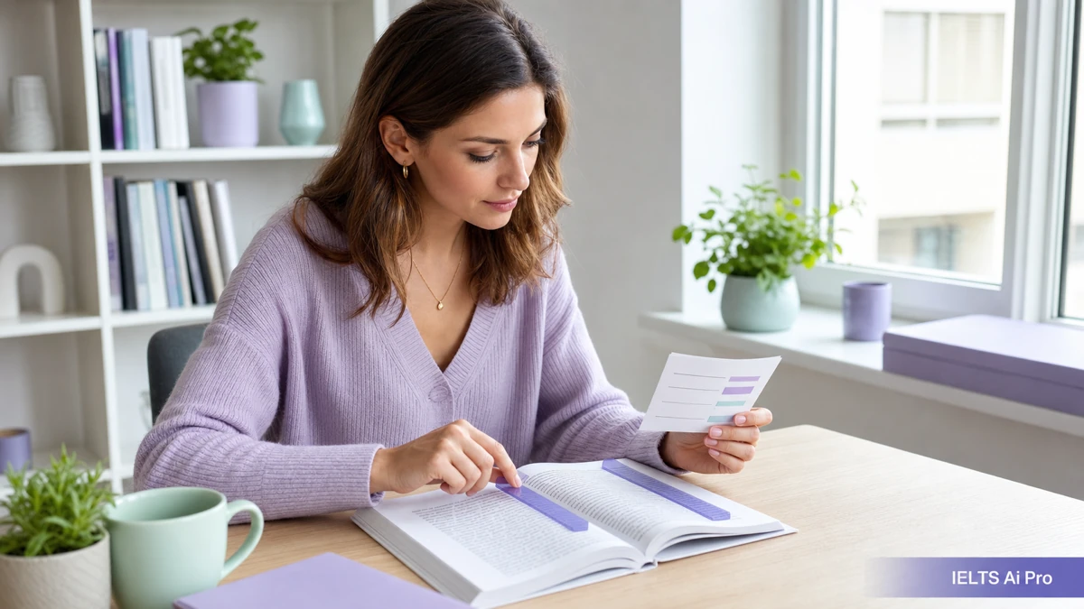 Adult IELTS learner locating a summary answer zone in a highlighted Reading passage