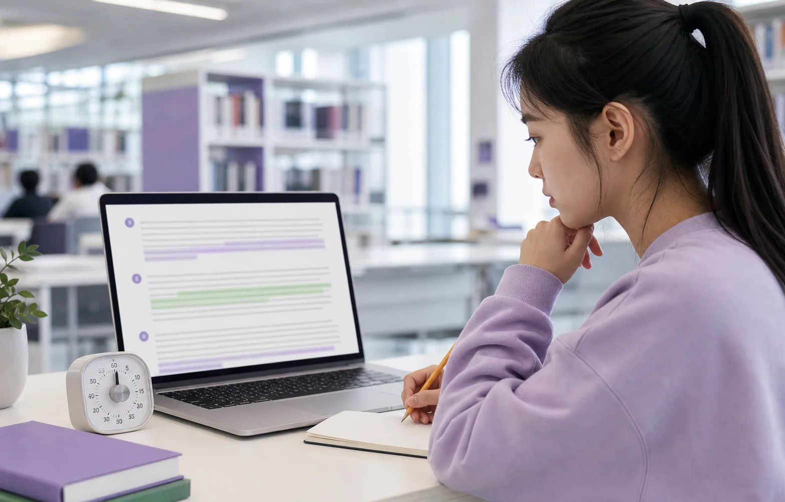Reading practice guide: learner studying with a laptop and notebook