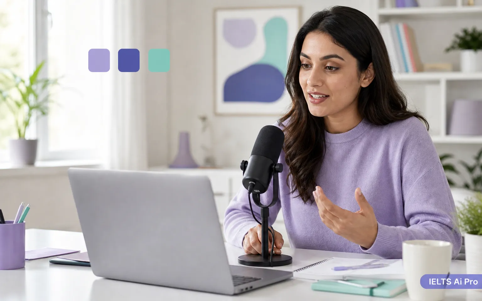 Speaking practice guide: learner studying with a laptop and notebook