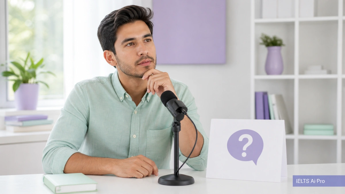 Adult IELTS learner pausing at a microphone before answering an unfamiliar Speaking question