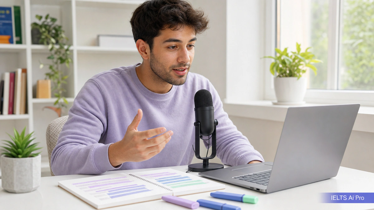 IELTS learner recording a speaking answer beside colour-coded grammar and vocabulary notes