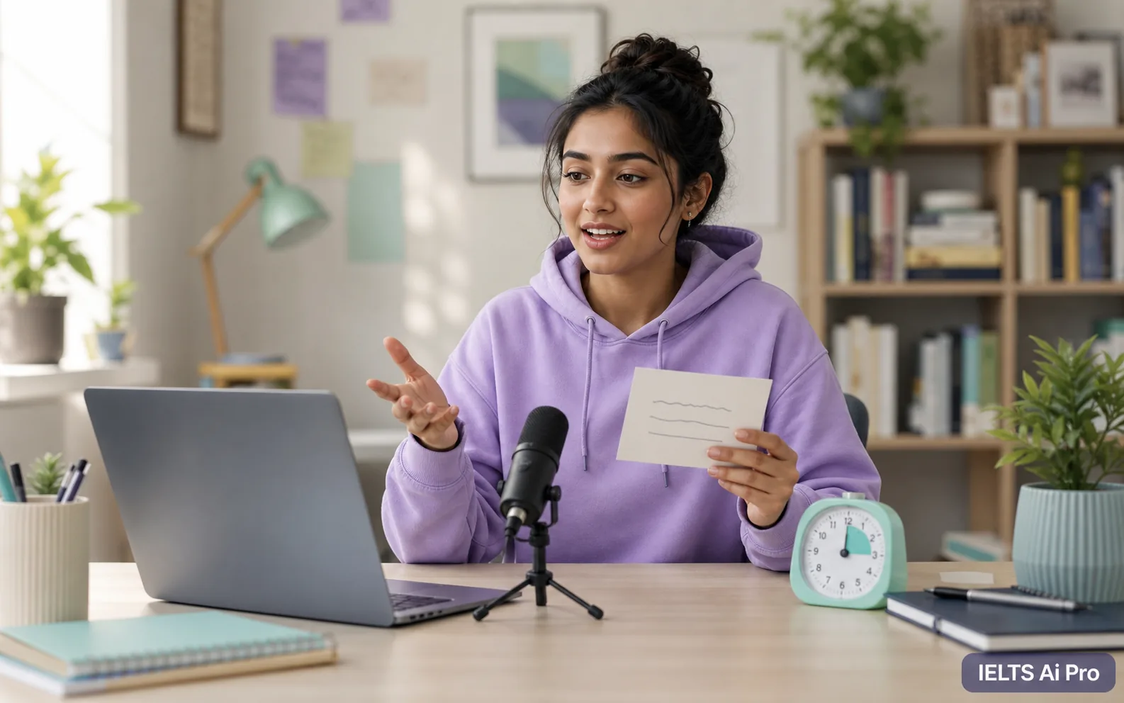 Speaking practice guide: learner studying with a laptop and notebook