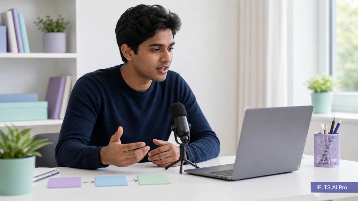 IELTS learner practising a clear Part 3 answer with a microphone and sequenced prompt cards