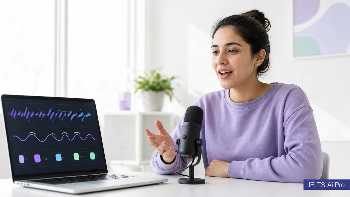 IELTS learner speaking into a microphone beside a pronunciation waveform display