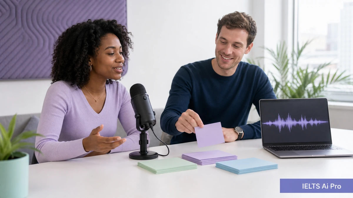 Two adult IELTS learners practising spontaneous Speaking answers with random prompt cards