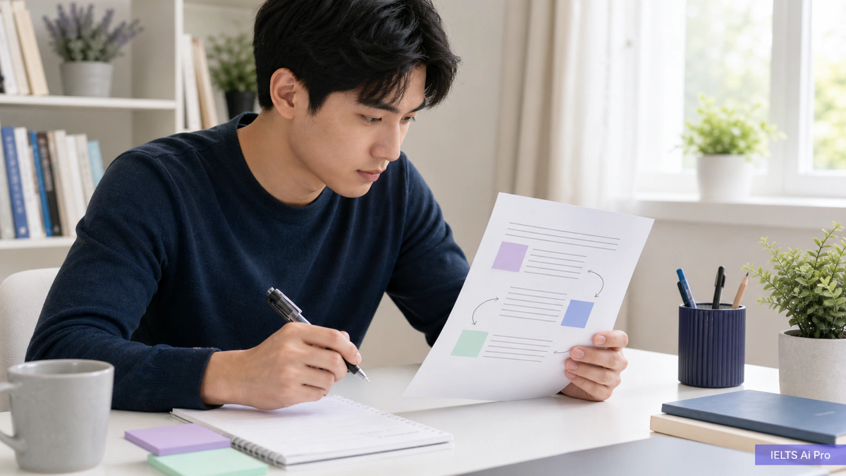IELTS learner reviewing an essay with connected paragraph notes on a bright study desk