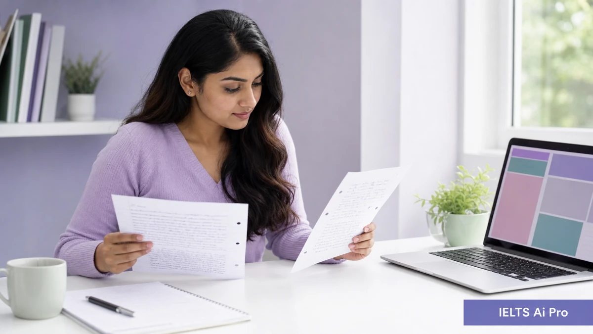 Adult IELTS learner comparing an original essay paragraph with a focused handwritten rewrite