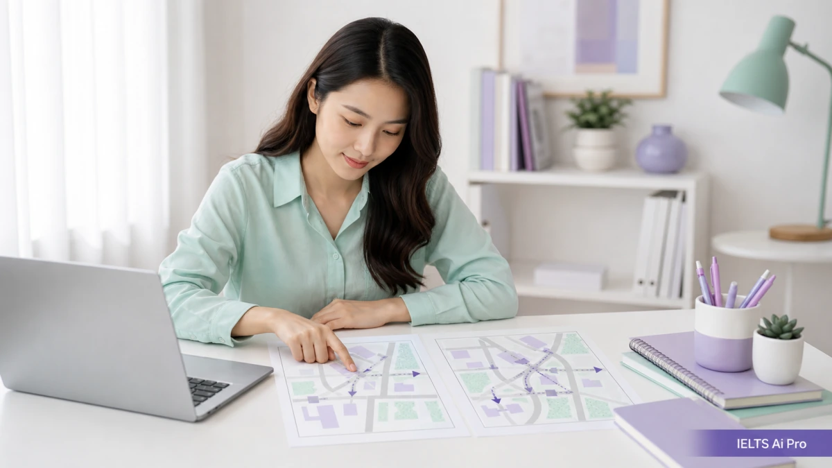 Adult IELTS learner comparing before-and-after maps at a bright study desk