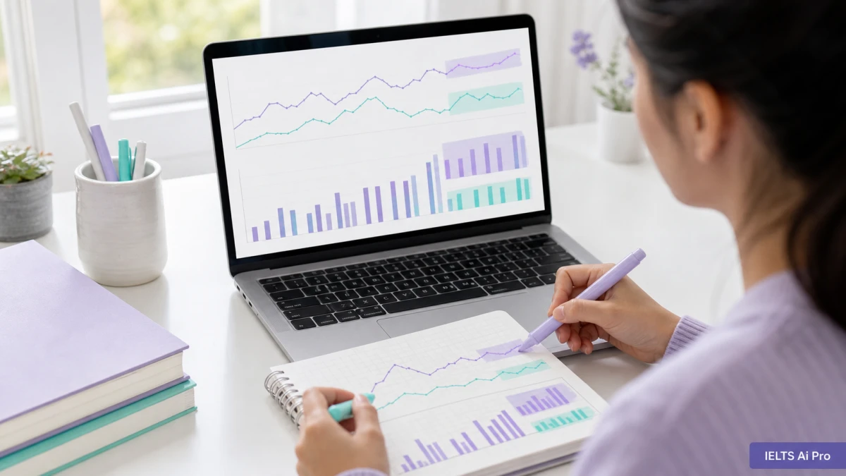 IELTS learner selecting key trends from charts before writing a Task 1 overview