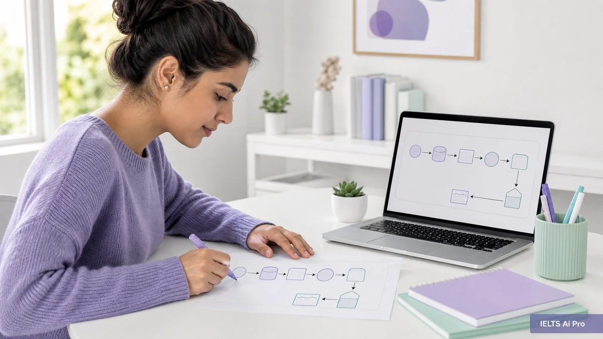 IELTS learner tracing a process diagram on paper beside a matching stage flow on a laptop
