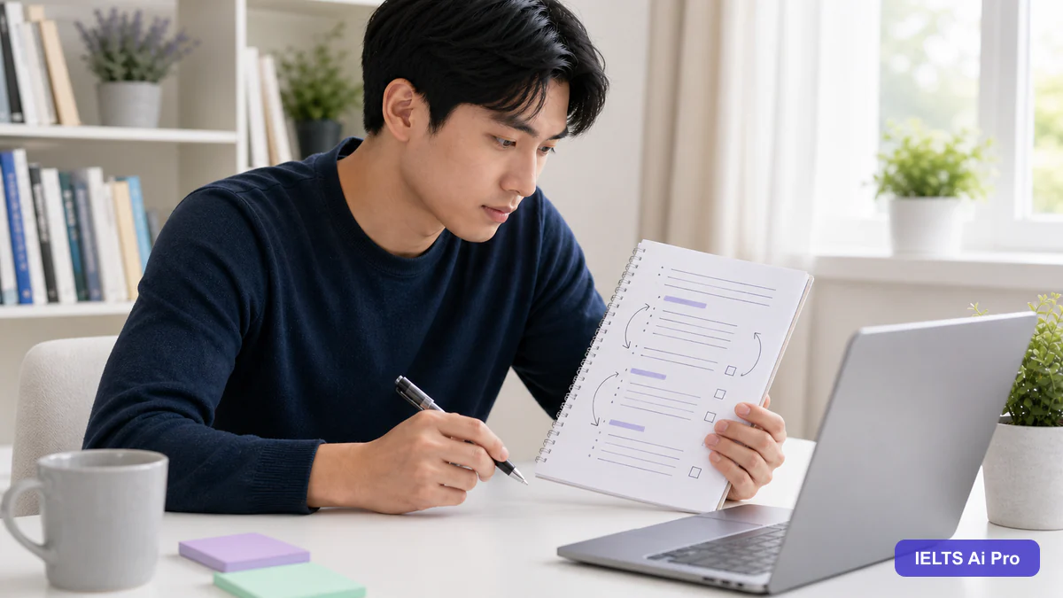 IELTS learner checking an essay outline with arrows and paragraph boxes beside a laptop