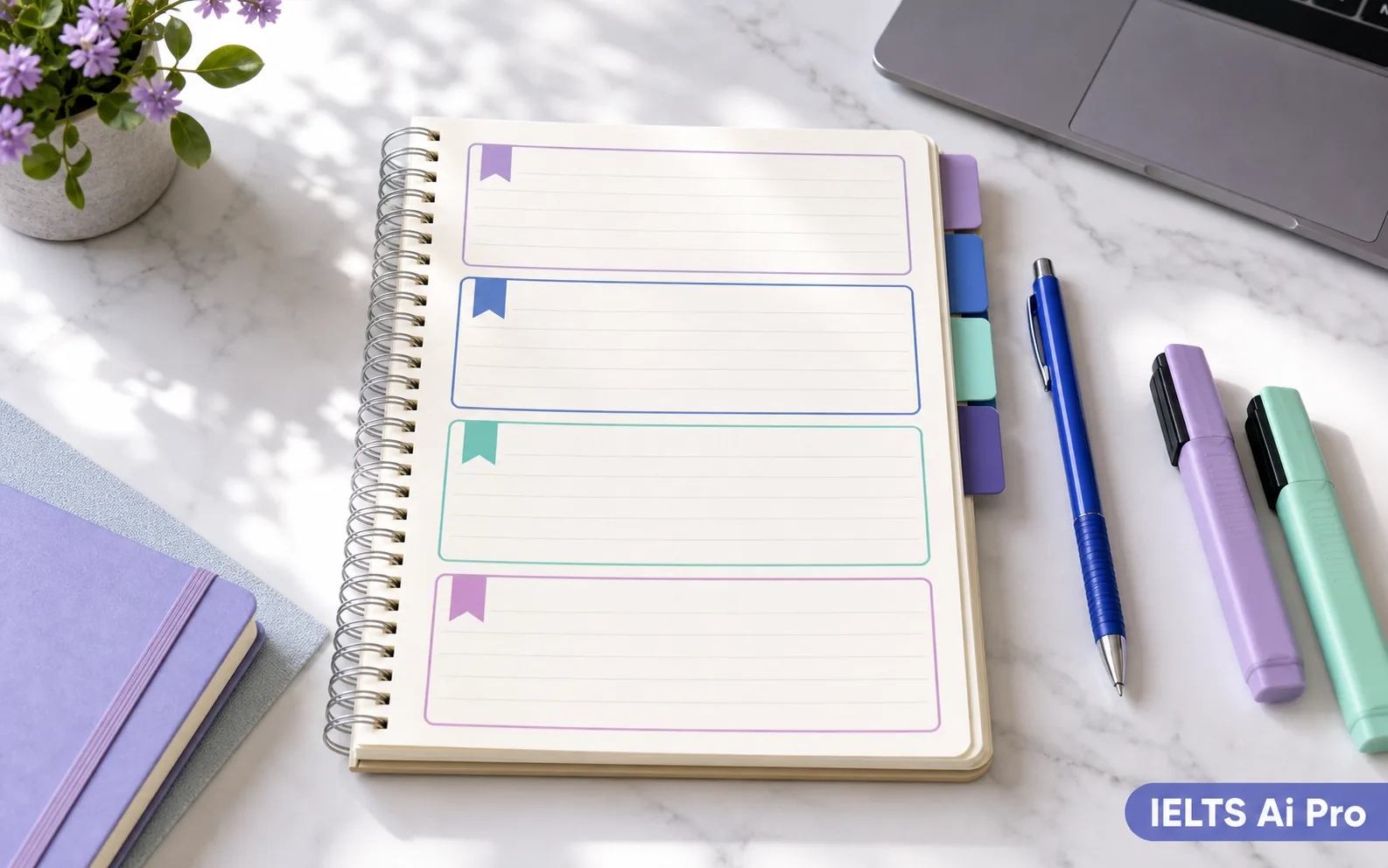 Writing practice guide: learner studying with a laptop and notebook
