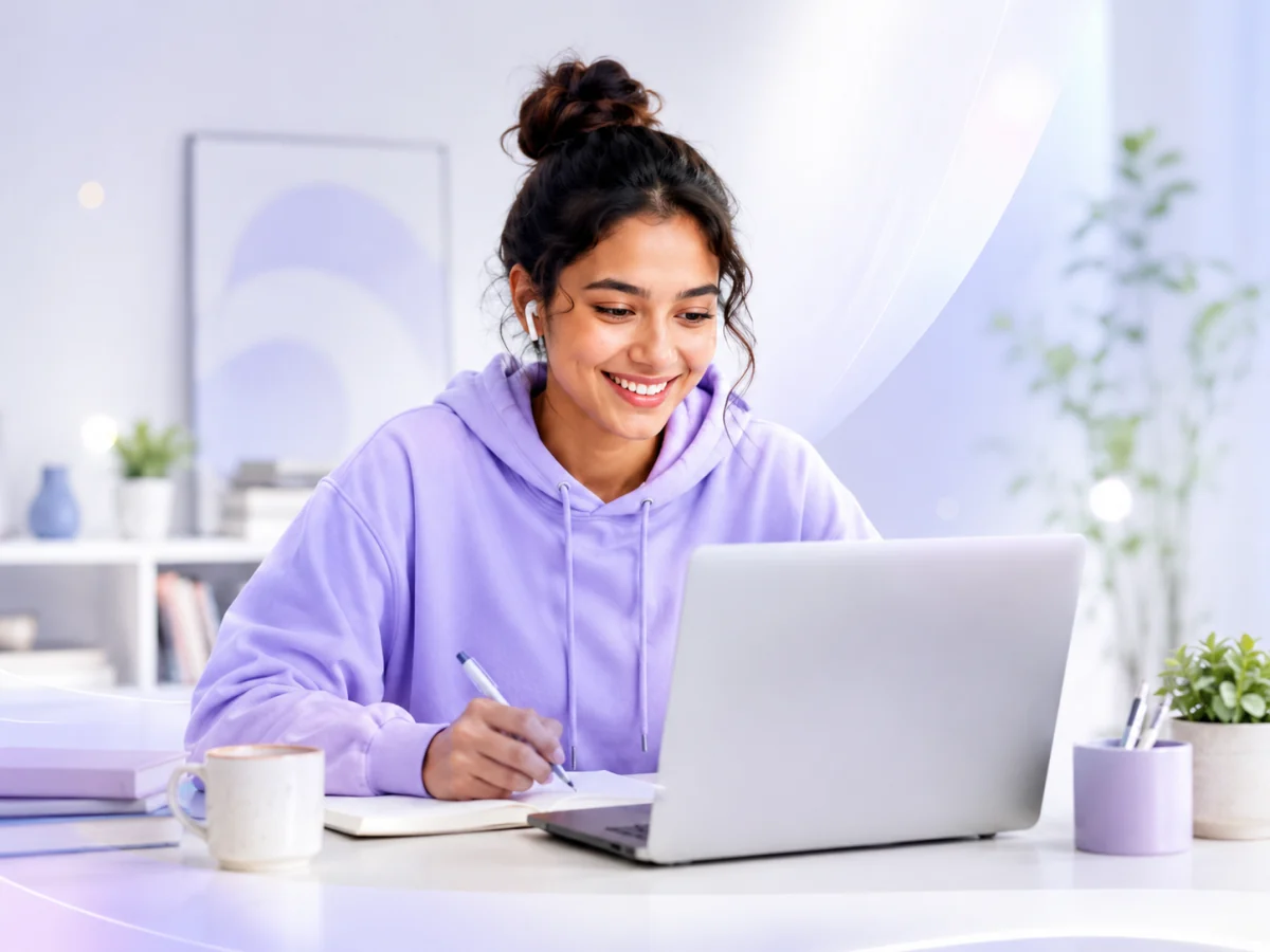 IELTS learner studying with a laptop and notebook